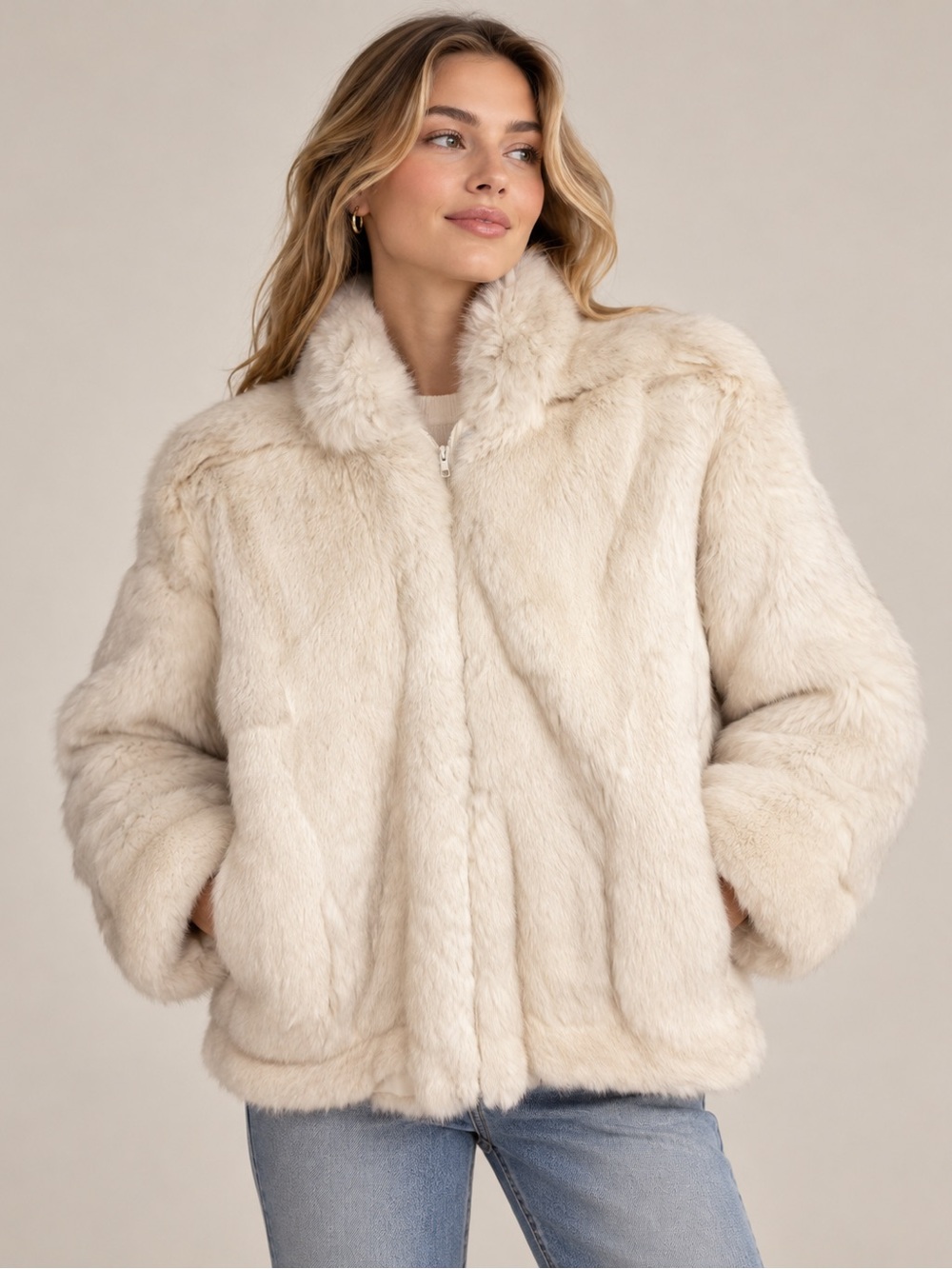 Women's Ivory REAL Fur Zip-Front Jacket with Pockets